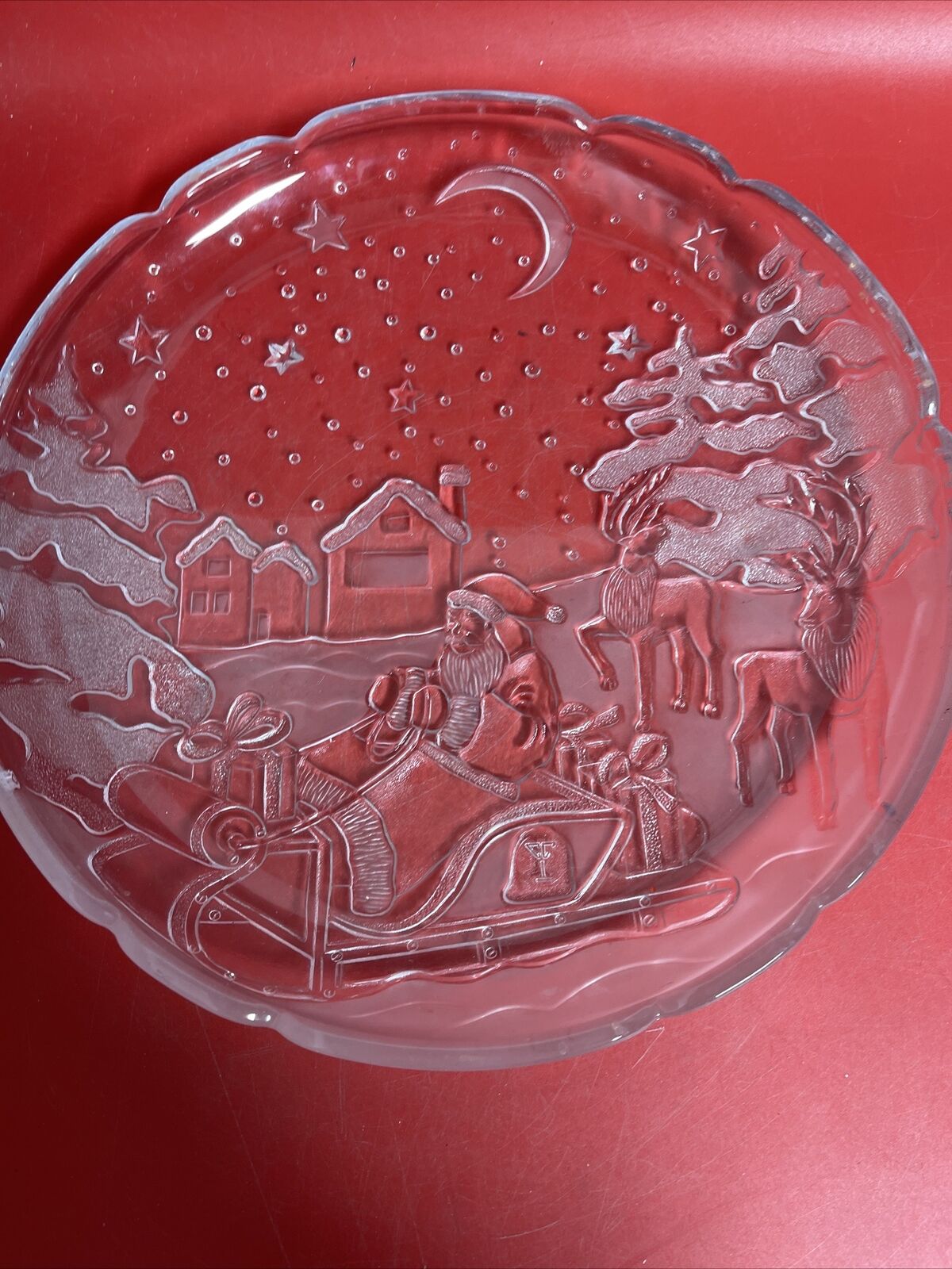 Vintage Crystal Clear Studios Serving Platter Embossed Santa Sleigh Dish 14"