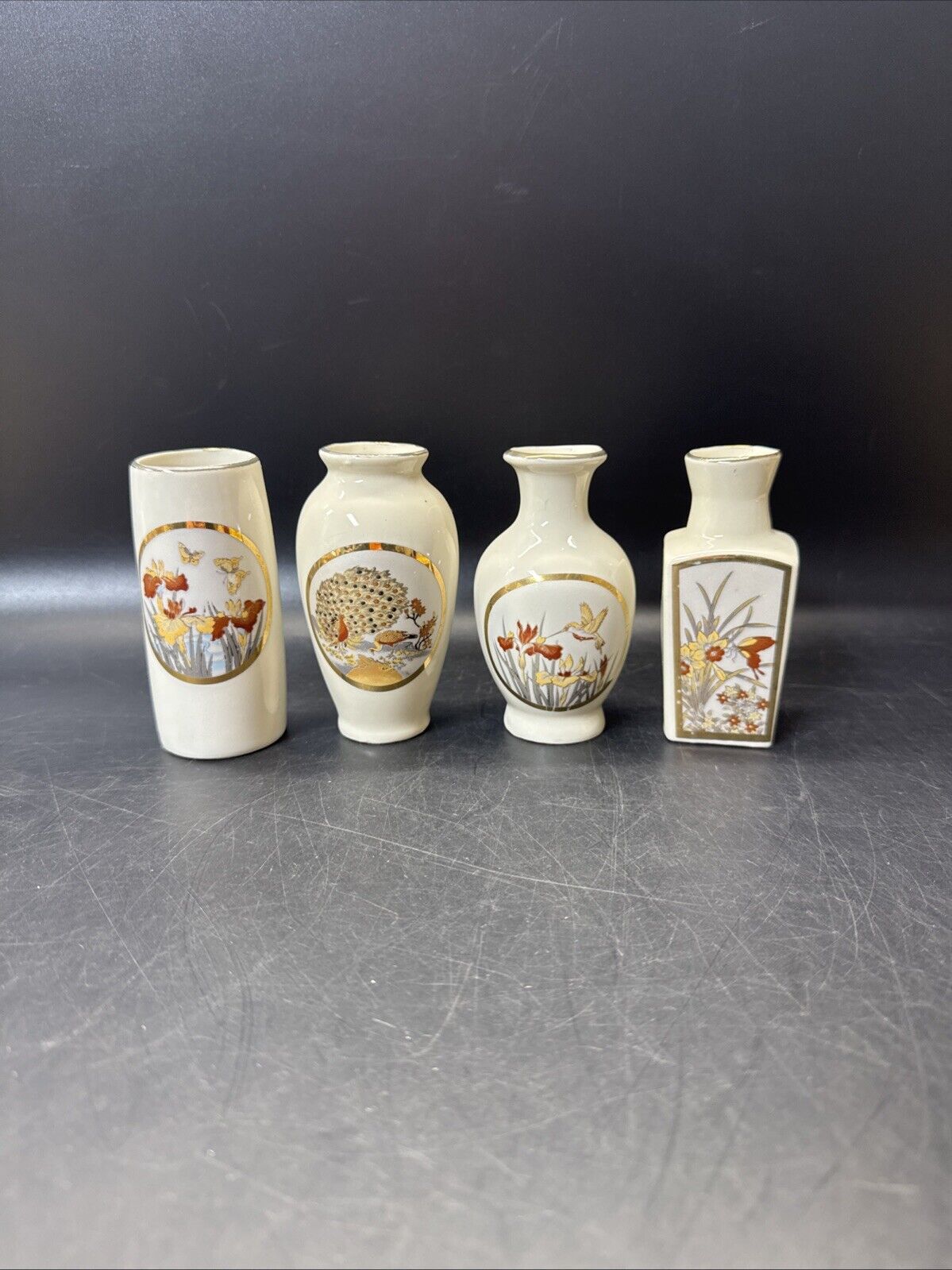 Vintage Art Mini Vase Japan Humming Bird Peacock/ Lot Of 4