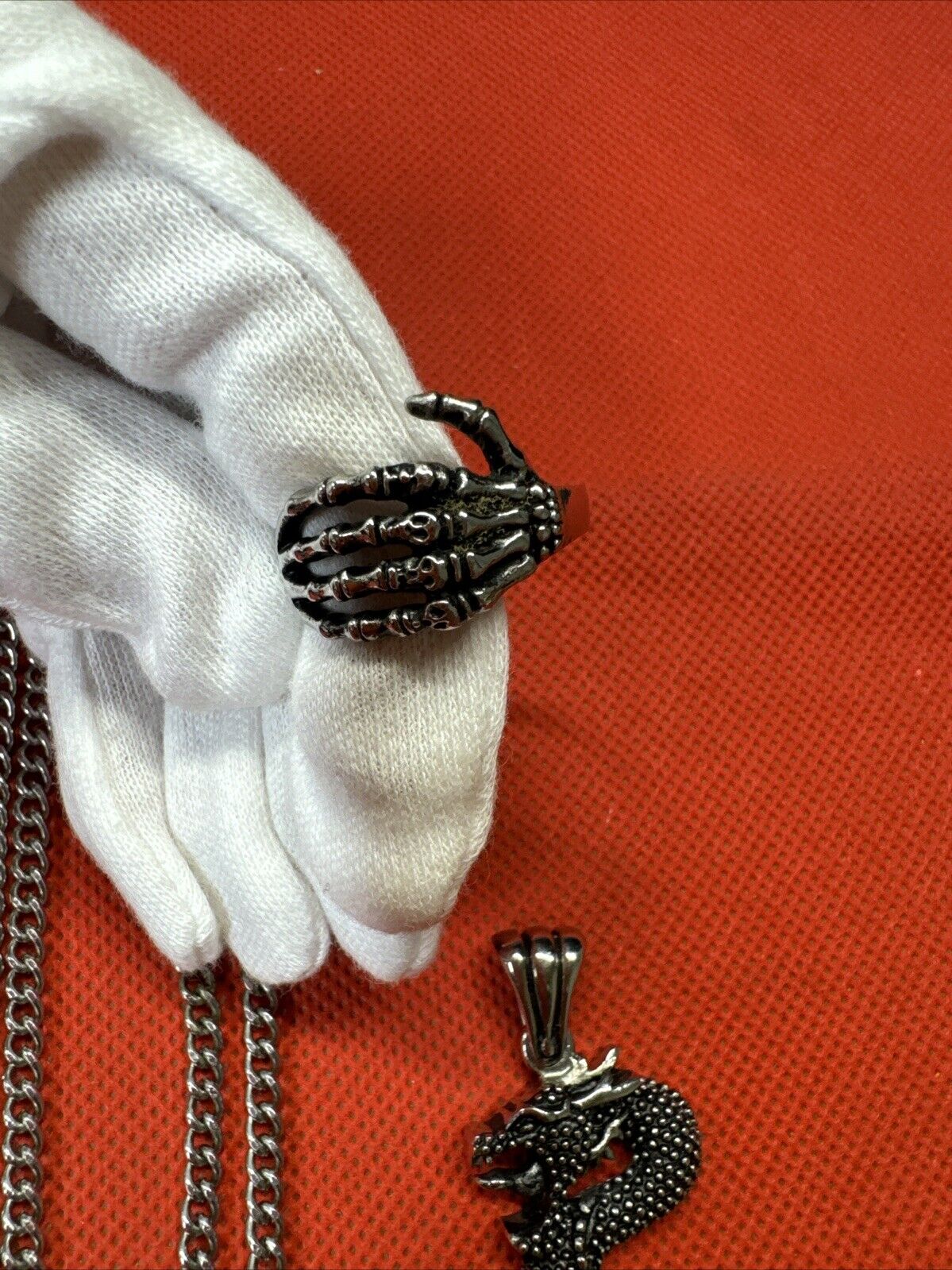 Stainless Steel Red Glass Claw Pendant, Necklace, Ring/ Set Of 3