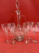 VINTAGE WINE ETCHED DECANTER W/ STOPPER + 6 GLASSES