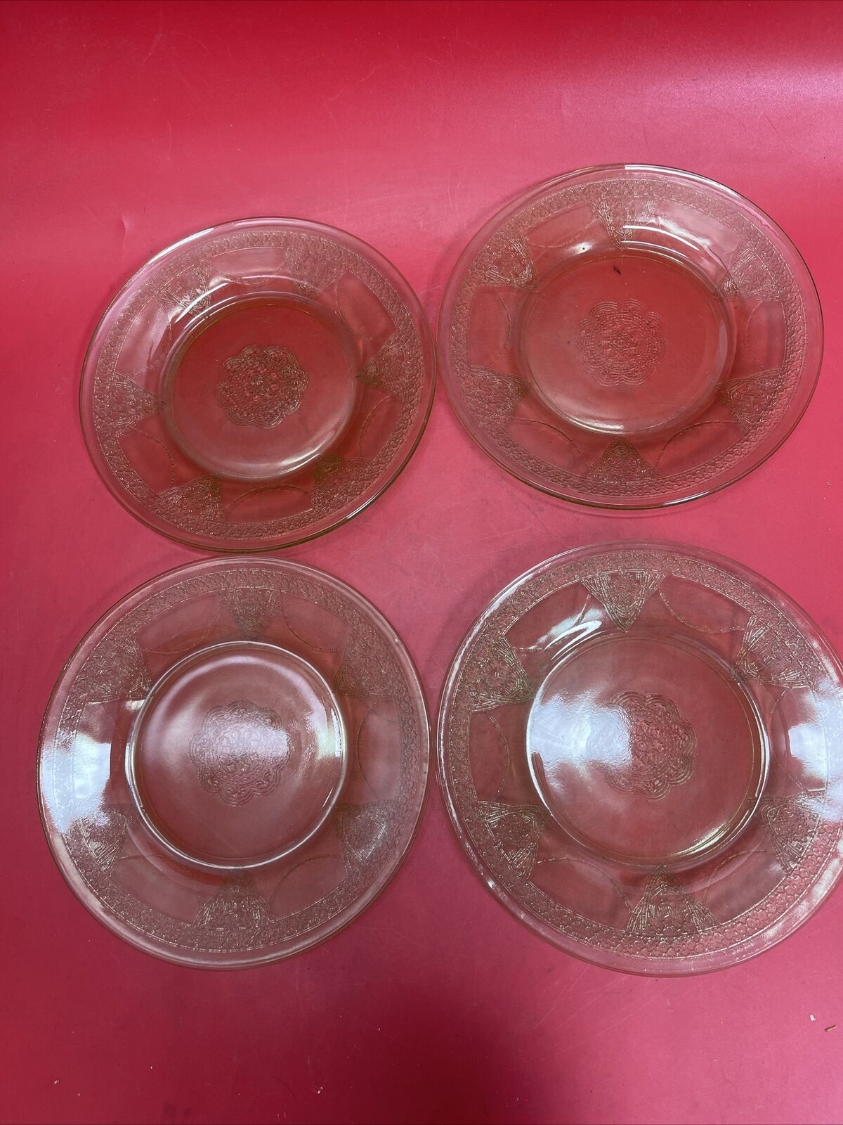 Vintage Floral Poinsettia Uranium Glass Green Depression Glass Plate Set of 4