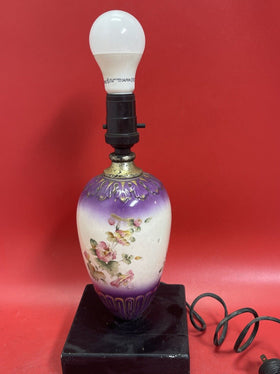 Vintage 13” Hand Painted Floral Porcelain Table Lamp Floral Vase Wood Clematis