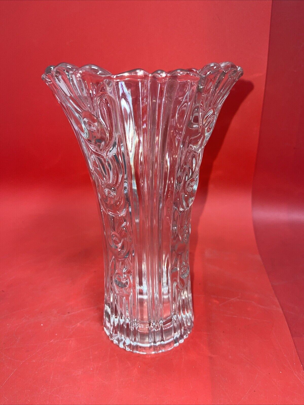 Vintage Italian Tall/Heavy Clear Glass Vase with Floral Embellishment Lot 2