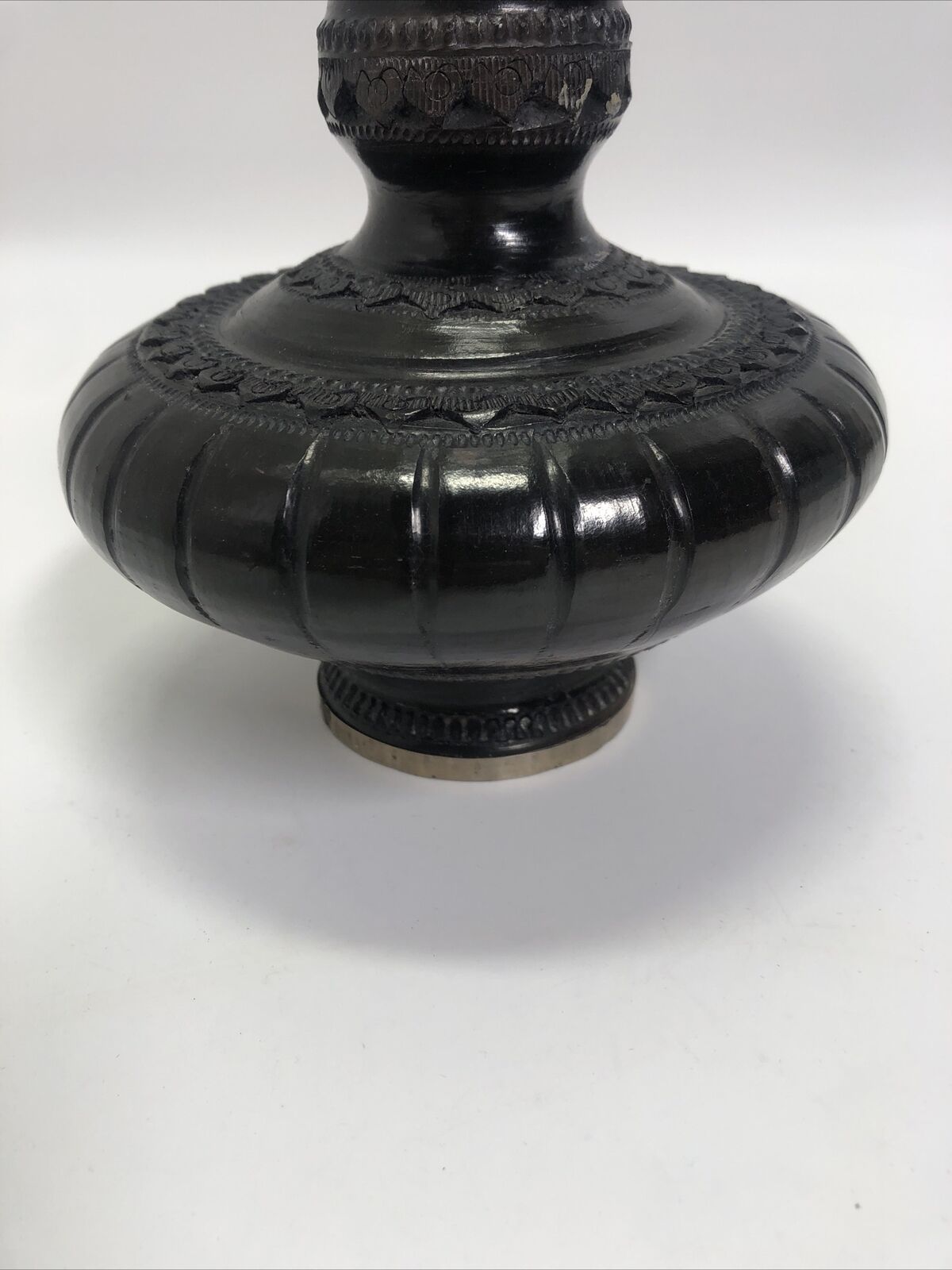 Thai Pottery Carved Bottle with Elephant Finial, Antique