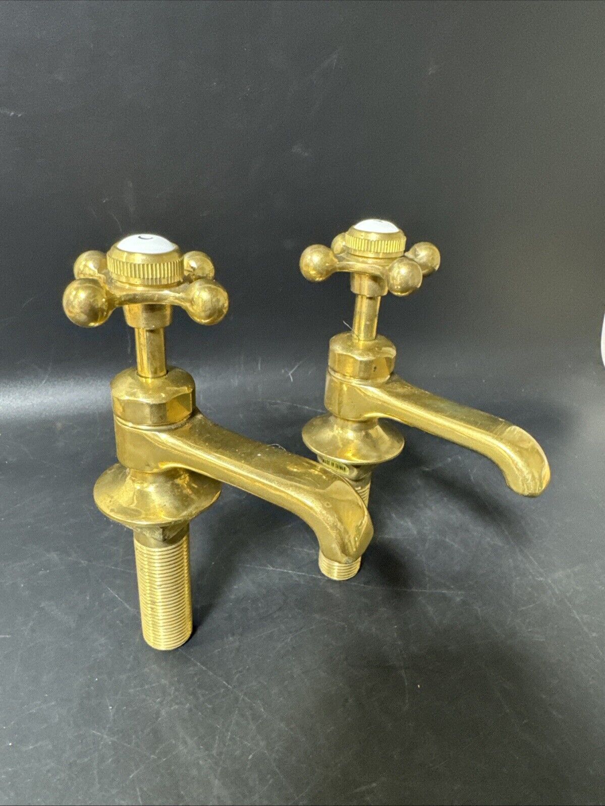 Vintage BRASS BATH HOT & COLD KITCHEN SINK BASIN CROSS HANDLE TAPS OLD