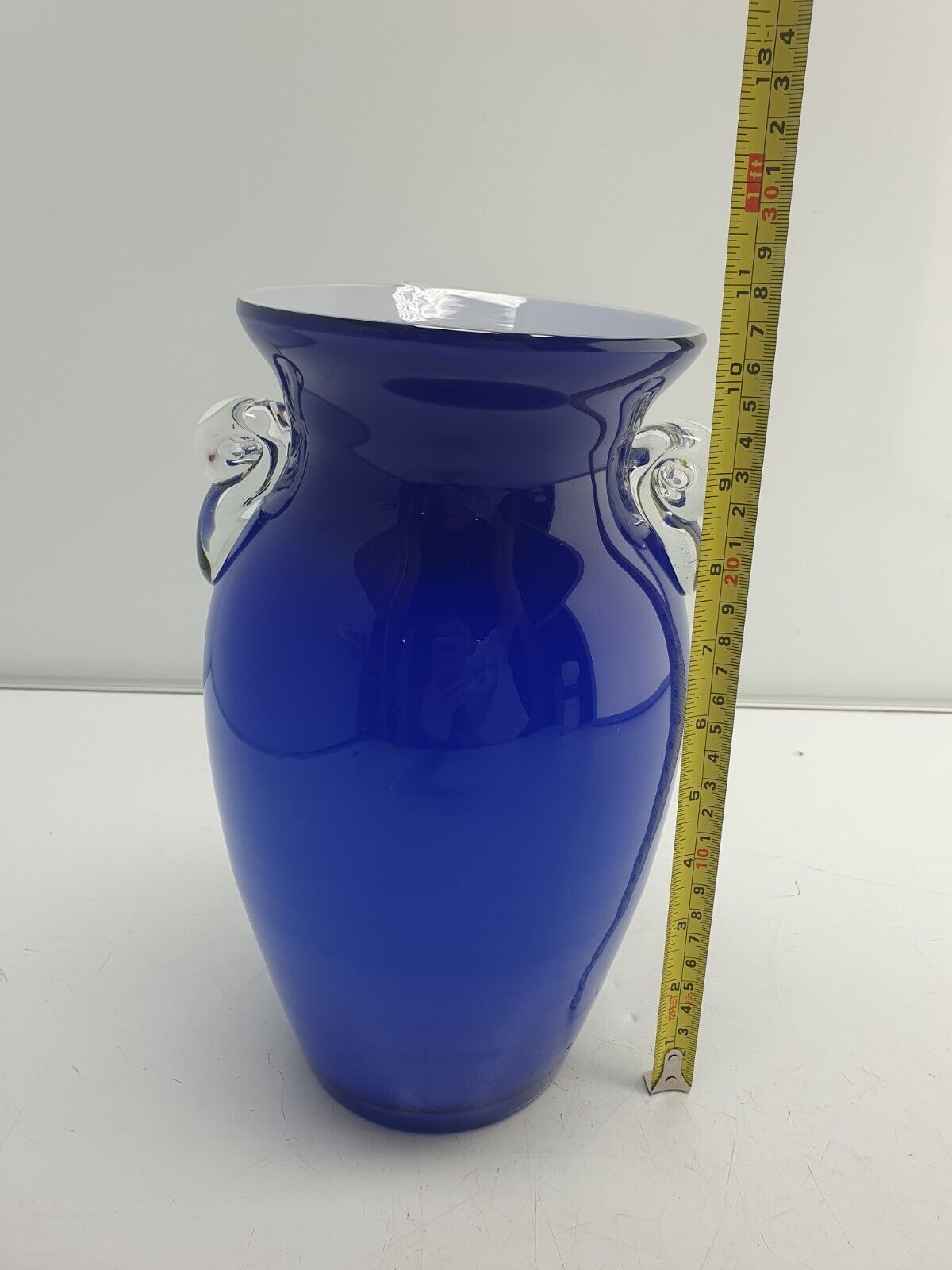 Gorgeous Blue Glass Vase Applied Clear Scroll Handles 10.5"