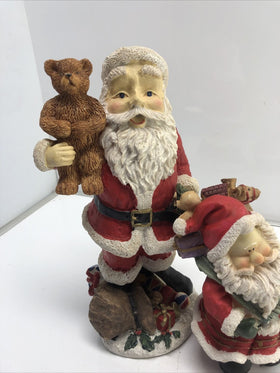 12", 8” Resin Jolly Santa Claus Figurine Holding Teddy Bear With Toys 2Set