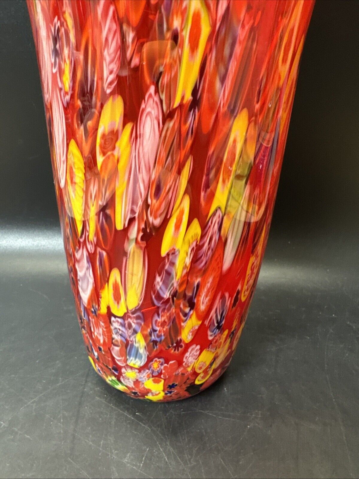 Murano Vase Made In Italy Red Millefiori Hand Blown Glass Heavy Vase 11" Tall