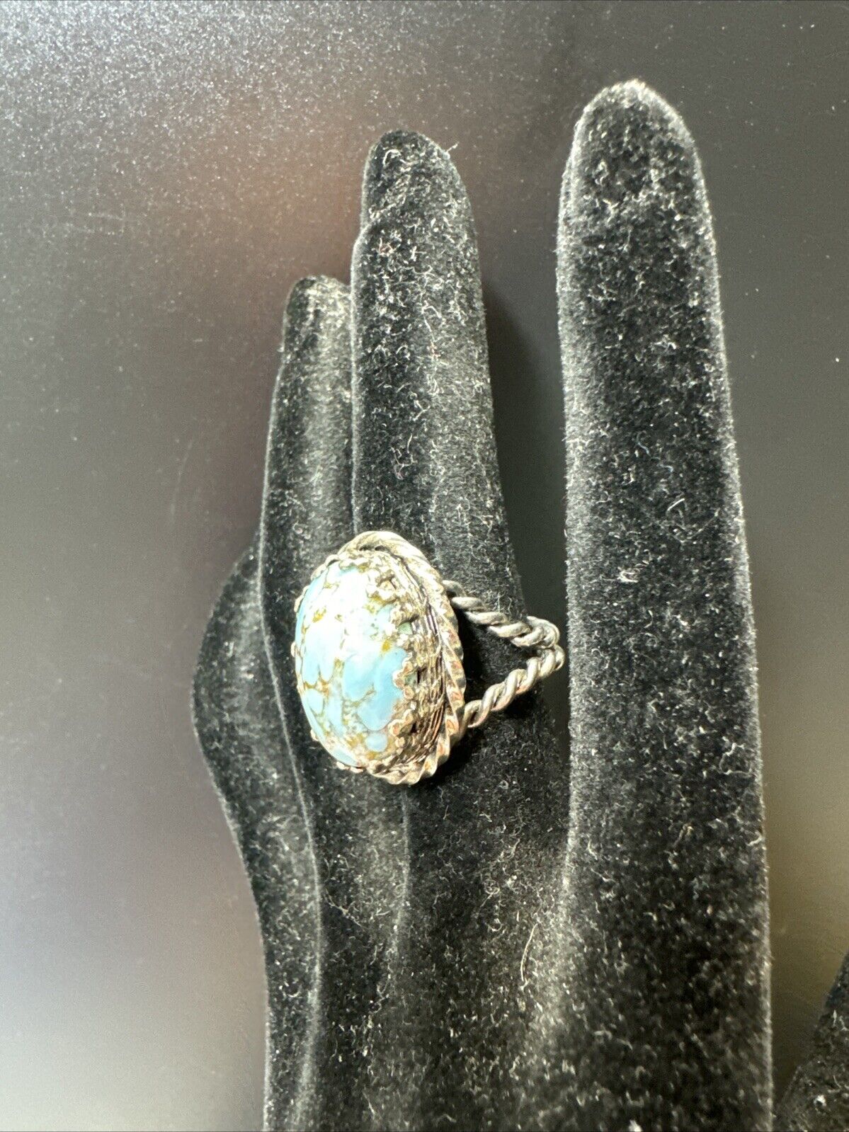 Germany Turquoise Peking Art Glass Ring Twisted Brass Adjustable