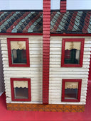 Vintage wooden dollhouse, two-story. Windows - red, removable roof