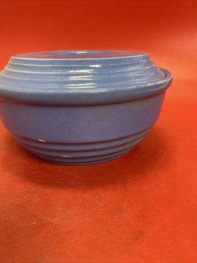 Vintage Blue Glazed Stoneware CASSEROLE + LID Serving Bowl Crock 8" Dia.