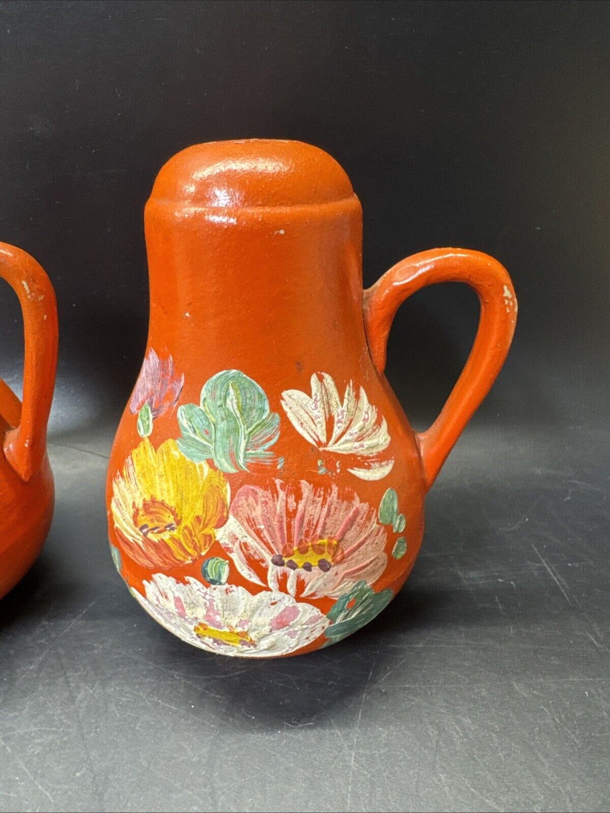 Vintage Pottery Orange Hand Painted Jug SALT & PEPPER Shakers