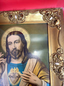 GLORIOUS ANTIQUE NUNS CONVENT FRAMED SACRED HEART JESUS 27" x 23”