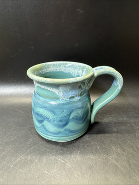 Studio Pottery Coffee Mug Cup Blue Green Wave Design Signed Beach Salt Life