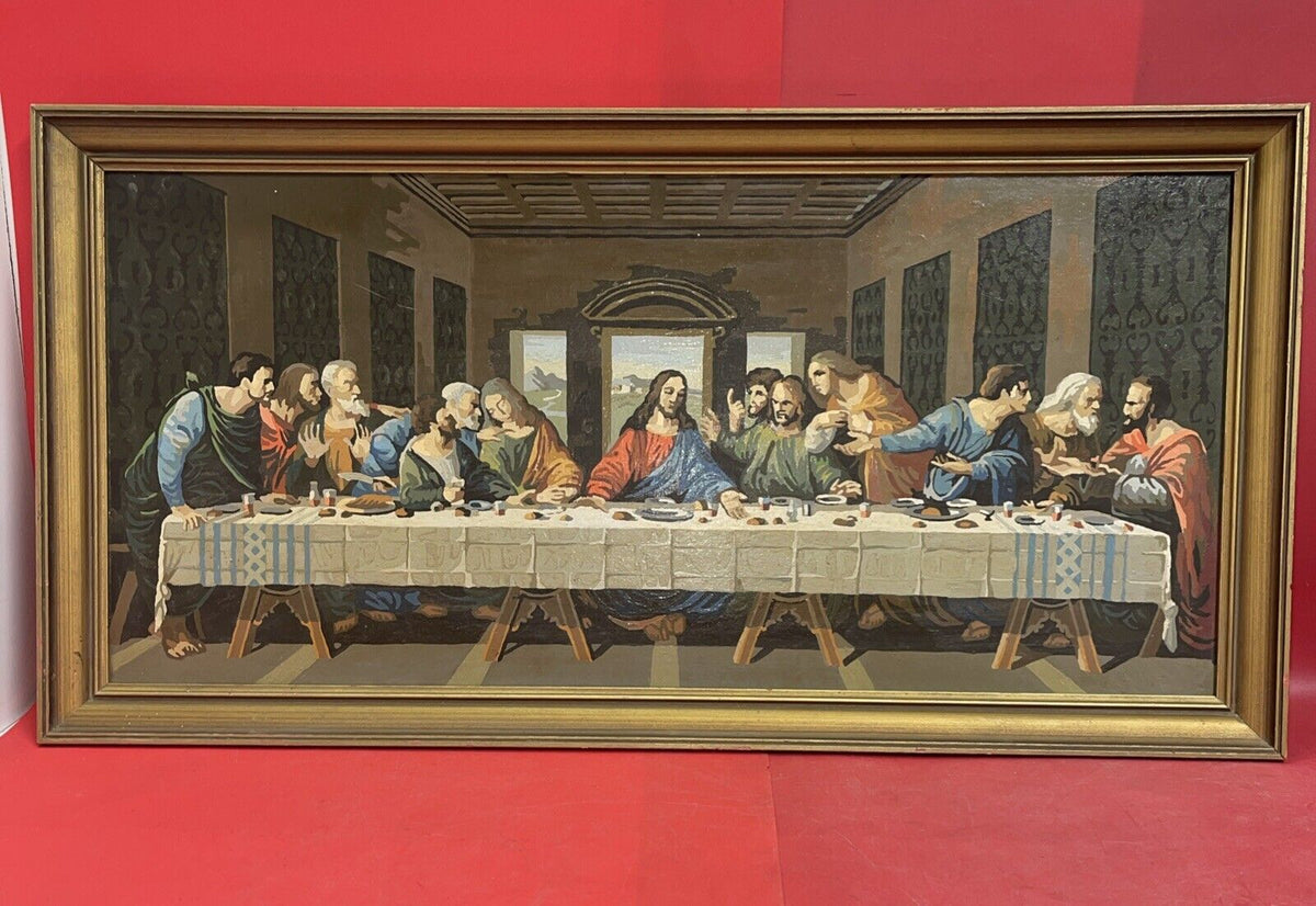 Vintage Paint by Numbers Jesus Last Supper Mid Century PBN Framed 34”x 17”