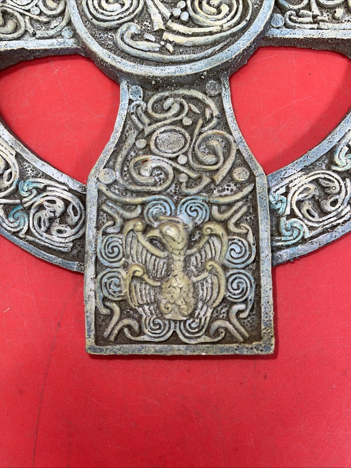 Unique antique round cross with an image of an angel and a unicorn