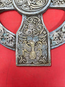 Unique antique round cross with an image of an angel and a unicorn