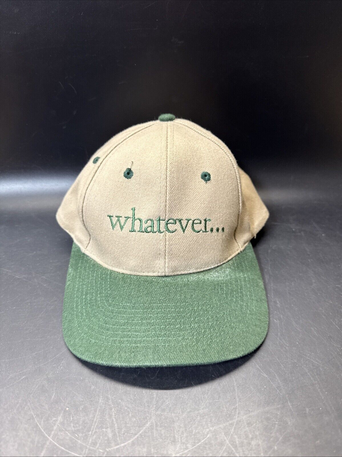 VTG 90s Sayings Snap Back Hat “Whatever” Beige With Green Brim