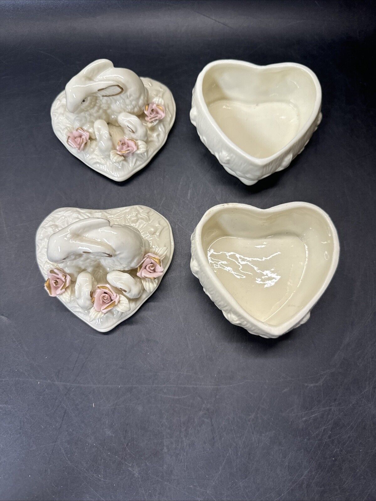 Heart Shape Trinket Box With Bunnies and Flowers/ Lot Of 2