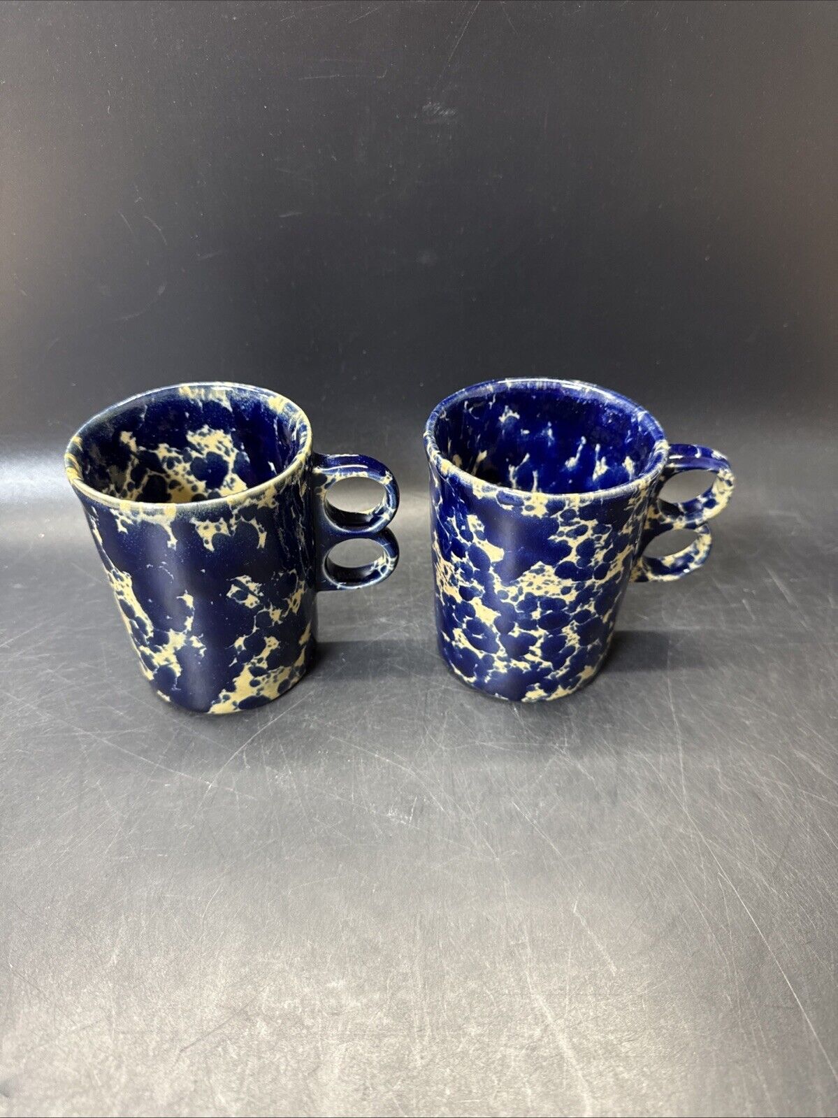 Bennington Vermont Blue Agate Pottery Mugs Trigger Handle 1340 4"/ Set Of 2