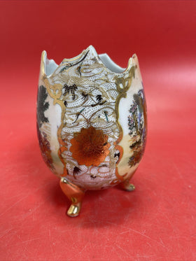Golden Limoges Egg Geisha Moriage Multicolored 6” Vintage Footed Vase
