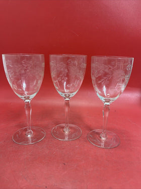 Set of 3  Glastonbury Lotus 66-1 Water Goblet Mixed Cut Crystal Floral/Dots