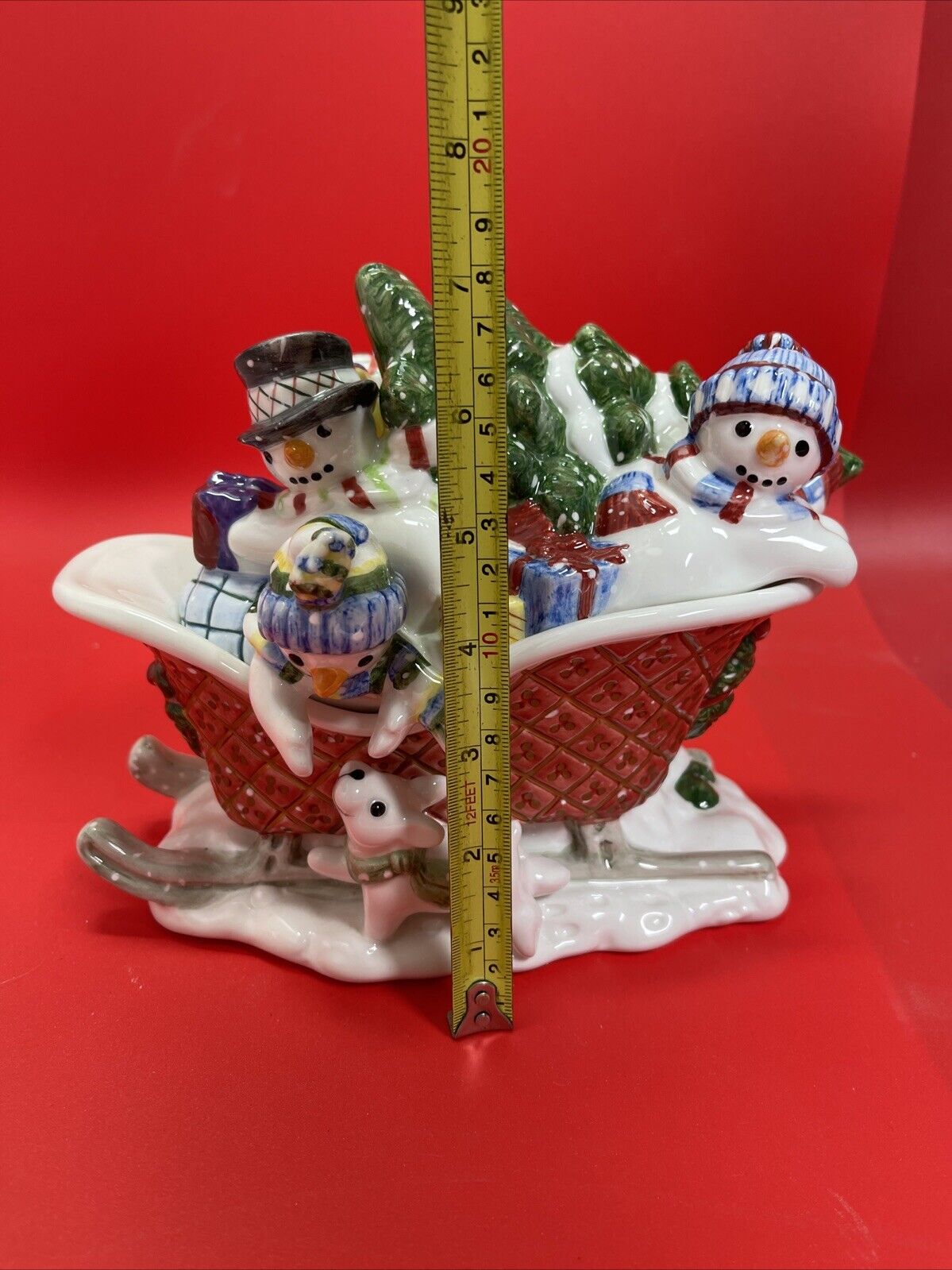 Fitz & Floyd Christmas The Flurries Snowmen in Sleigh Lidded Bowl Dish