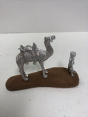Vintage Set Silver Camel & Man Statue on Wood Stand Sculpture Figurine