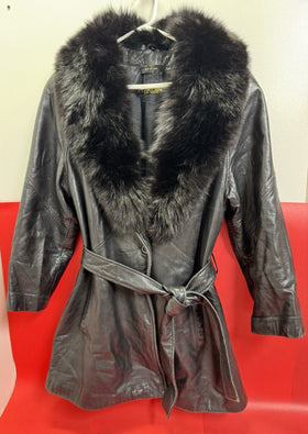 Designer Couture Chosen Leather and Removable Black Fur Collar coat , Jacket S