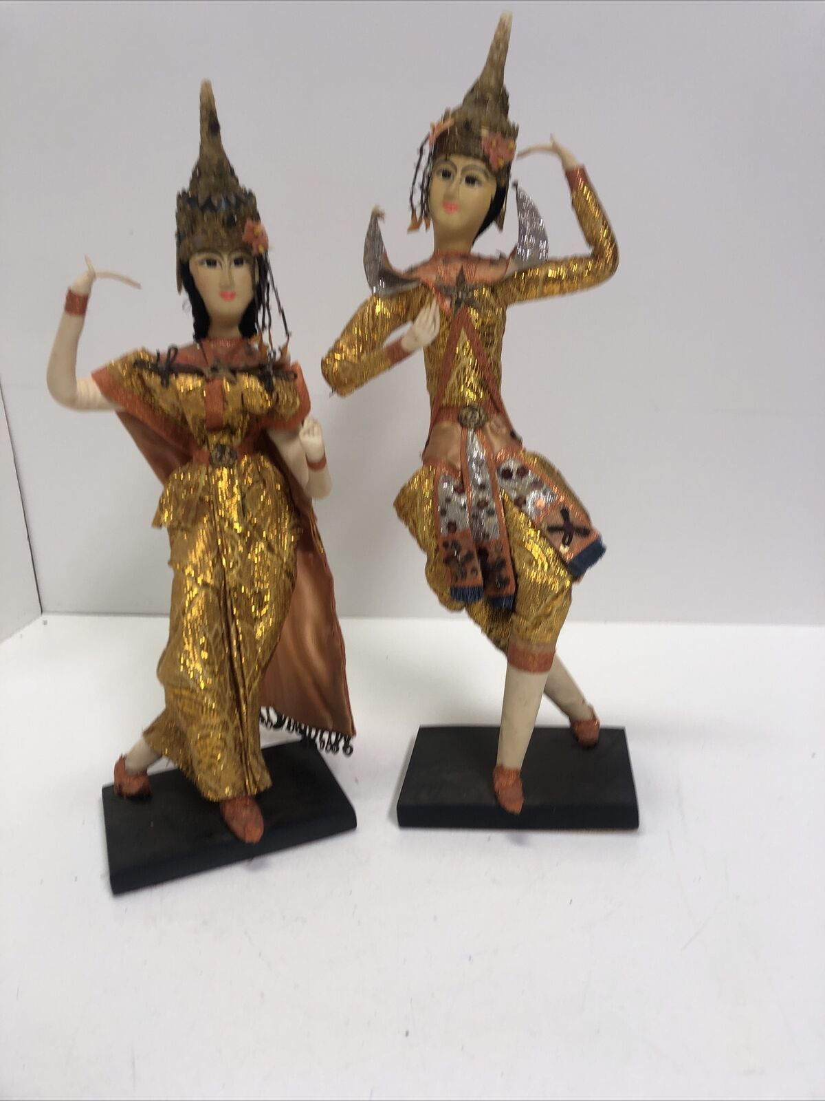 2 Vtg Handmade Thailand Bangkok Cloth Doll Silk Screen Dancer Wood Stand