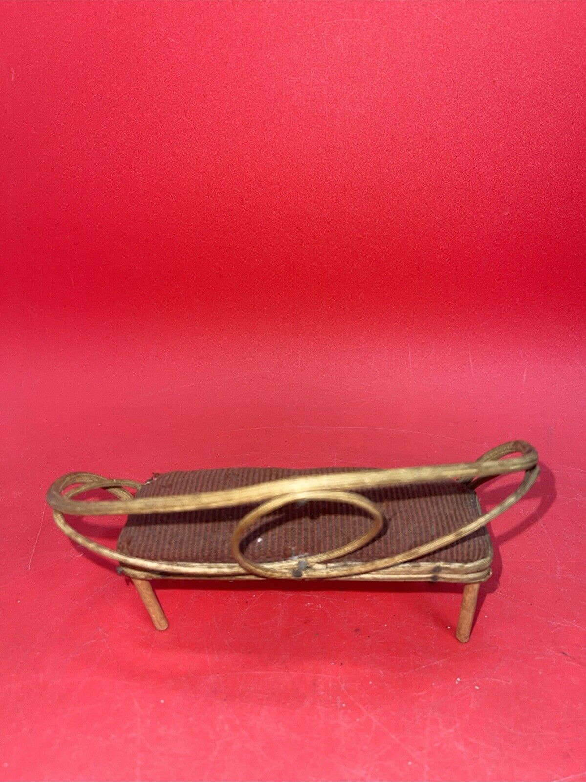 Vintage Rattan Brown Velveteen Doll Furniture Suite