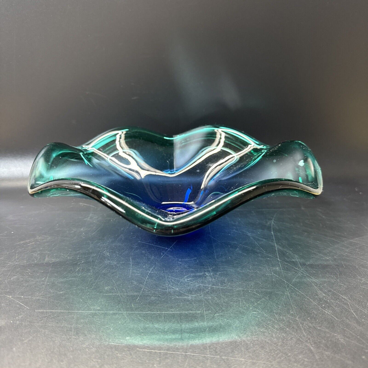 Vintage Murano-Style Cobalt Blue with Green Edges Art Glass Wave Ruffle Bowl 10"