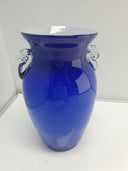 Gorgeous Blue Glass Vase Applied Clear Scroll Handles 10.5"
