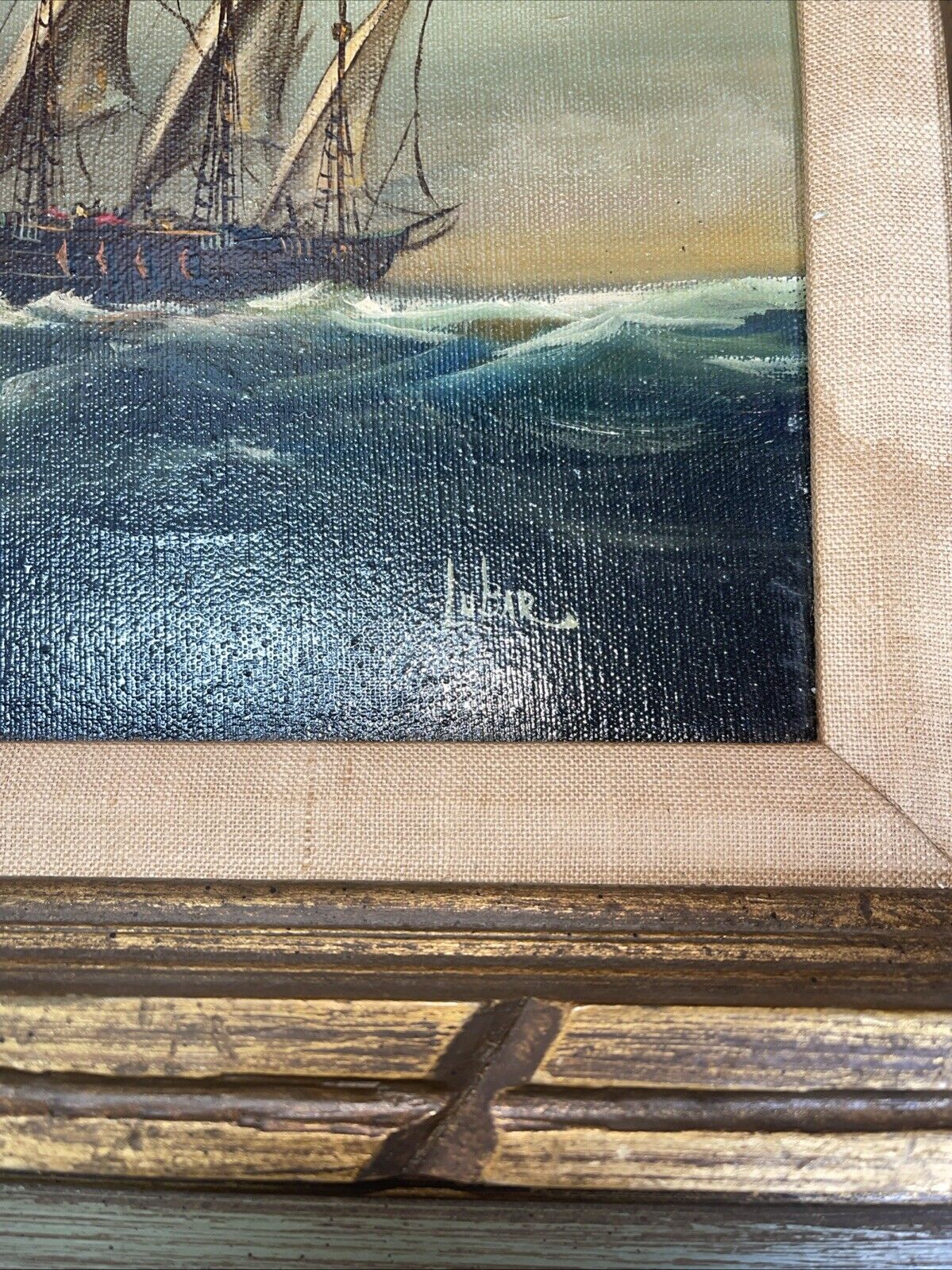 Vintage oil painting seascape ships signed by Lubar size 16”x31”