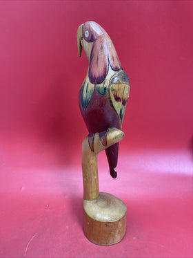 Vintage Wooden Parrot on Perch Hand Carved Painted Tropical Sculpture 16”