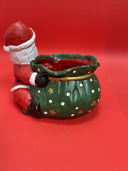 VINTAGE CHRISTMAS SANTA W/LARGE TOY GIFT SACK BAG CERAMIC CANDY DISH PLANTER