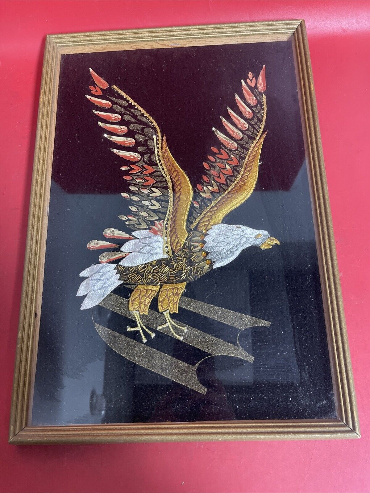 Vtg ART Velvet Bald Eagle Beaded Sequin Embroidered Applique framed under plexi.