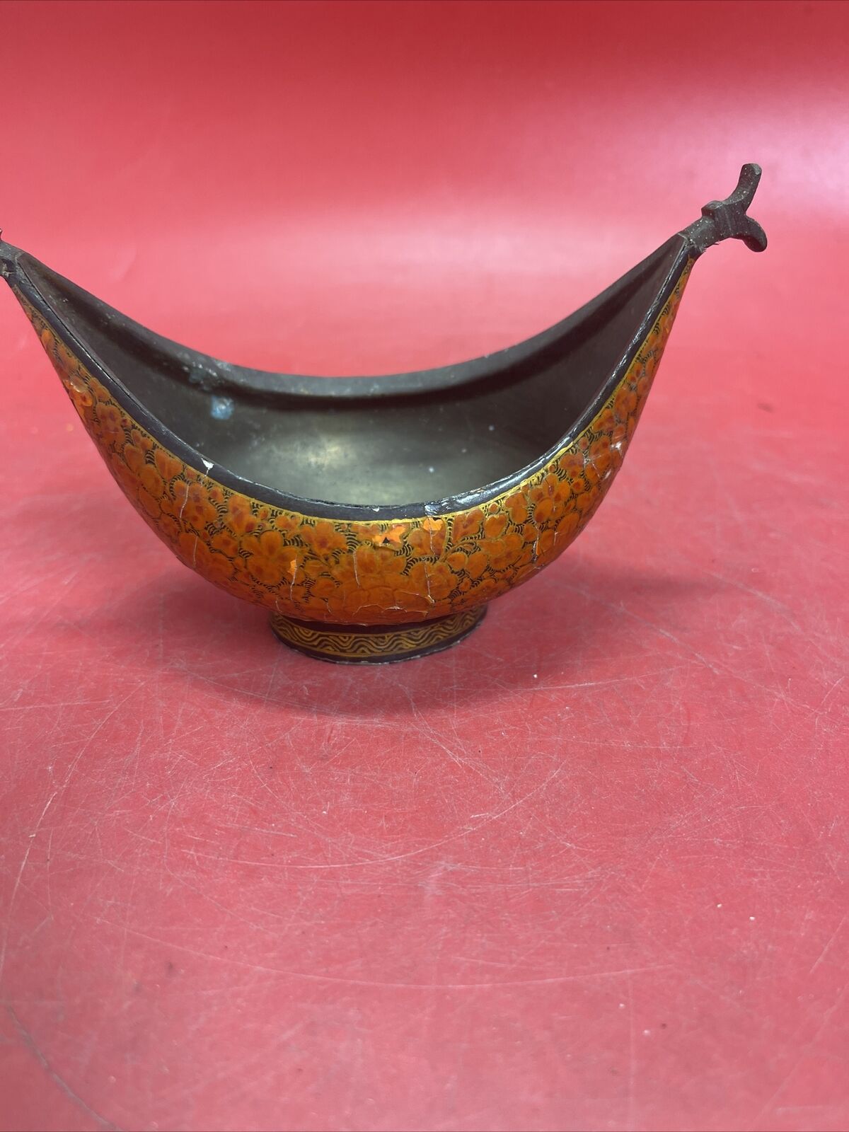 Kashkul Begging Bowl Kashmir Handcrafted Papier Mache Lacquer Brass Dish