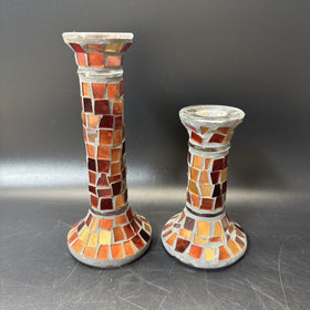 Home Interiors Candle Holder Red Gold Orange Mirrored Mosaic/ Set 2