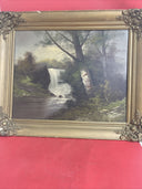 Antique Oil Painting on Cardboard Forest Landscape