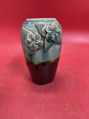 Vintage Handcrafted Ceramic 3 D Vase Aqua/Turquoise And Black W/ Raised Flowers