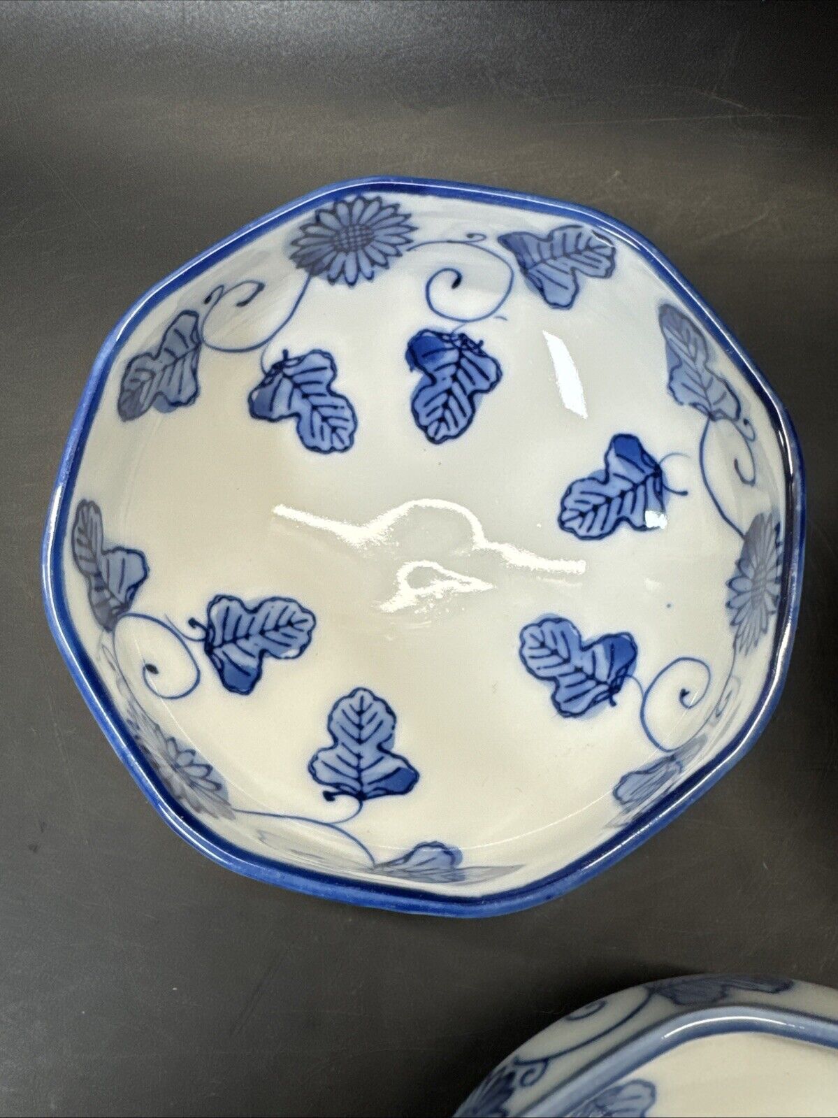 Vintage Otigiri Octagon OMC Japan China Blue White Leaf Rice Bowl/ Set Of 3