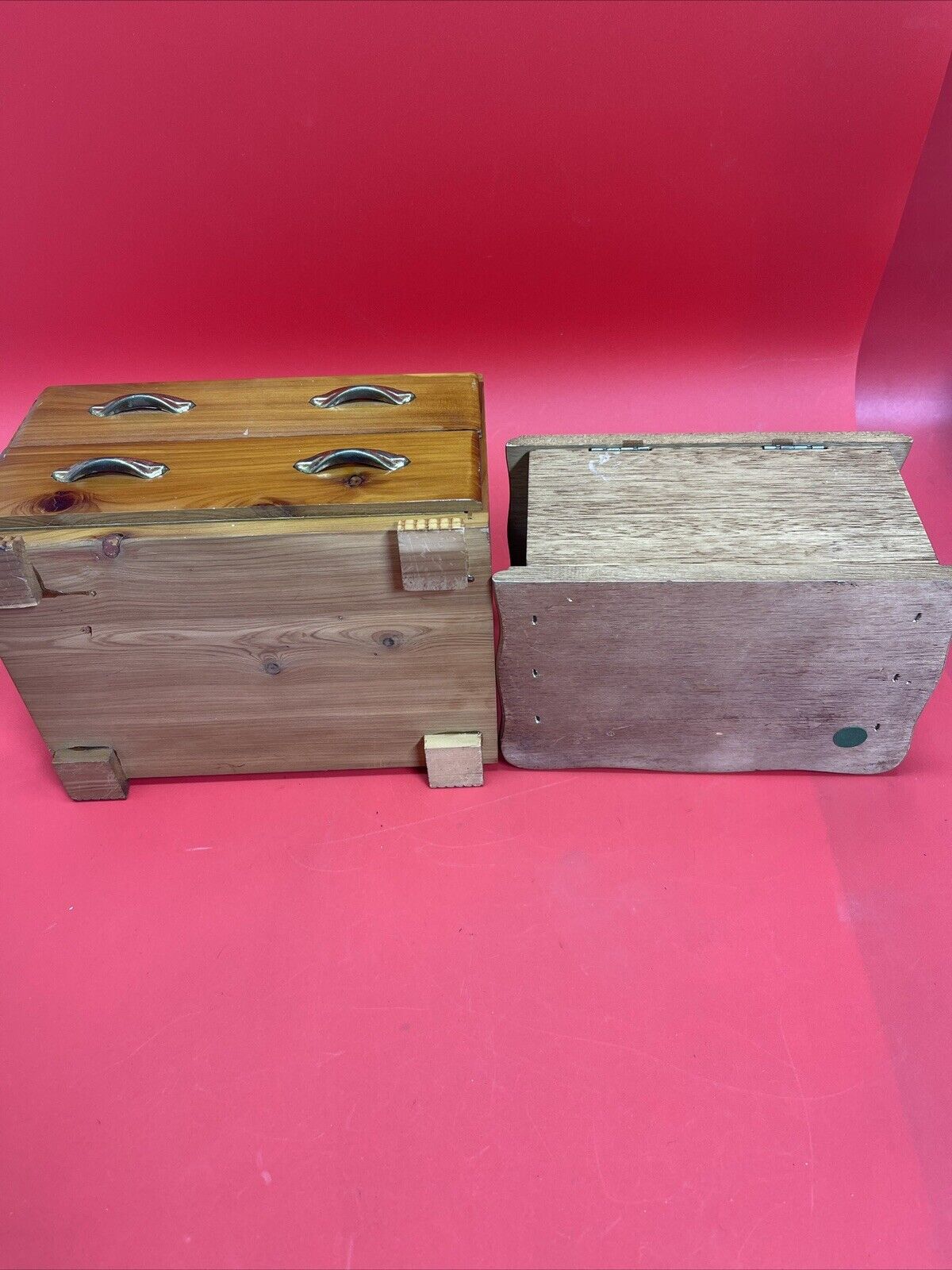 Lot of 2 Vintage Wooden Jewelry Boxes w/ Hinge Opening Mirrors Drawers