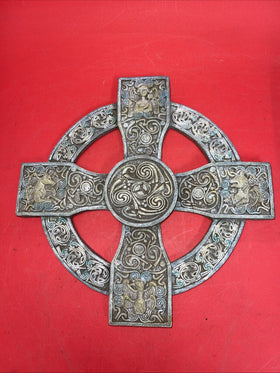 Unique antique round cross with an image of an angel and a unicorn