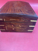 Vintage Handmade Inlaid Wood Jewelry Box W/Key,Gold Inlaid Design,10"x 7"x4"