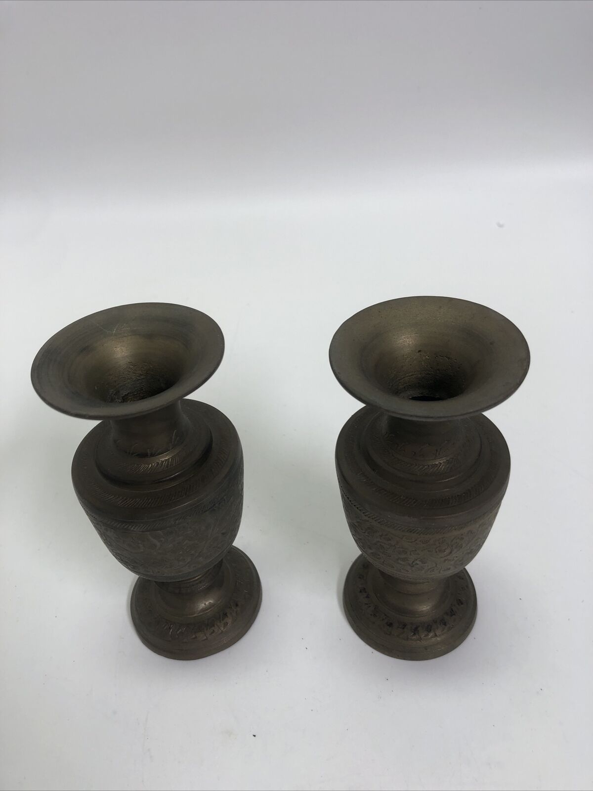 Vintage Pair of Indian Painted and Etched Brass Vases