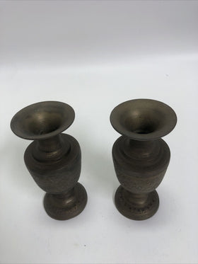 Vintage Pair of Indian Painted and Etched Brass Vases