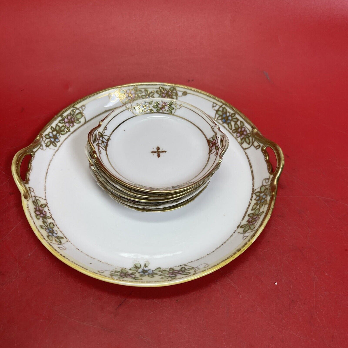 Vintage Nippon hand painted gold floral candy dish Set 6