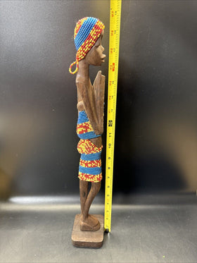 Vtg Carved Colorful Beaded Wood African 19" Tall Tribal Stick Doll Woman Statute