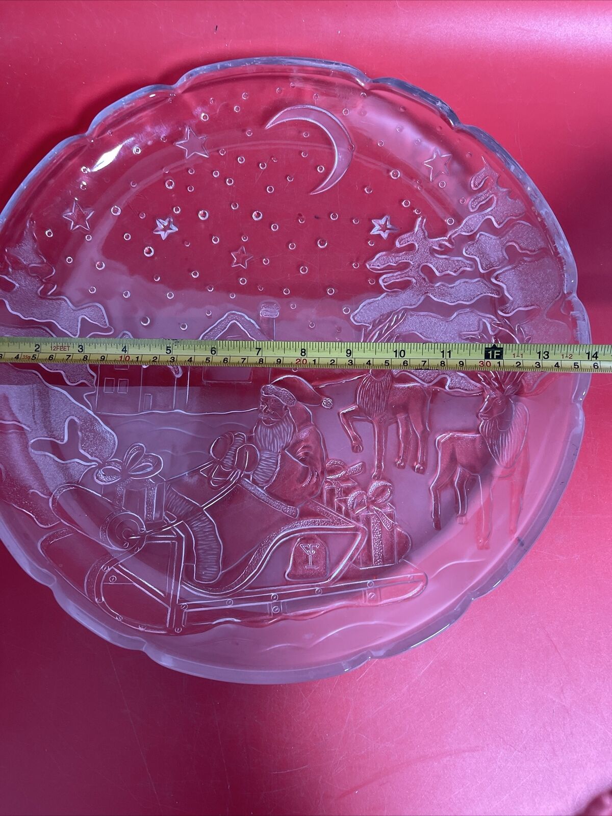 Vintage Crystal Clear Studios Serving Platter Embossed Santa Sleigh Dish 14"